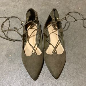 Olive Suede Strappy Ankle Pointed Ballet Flats